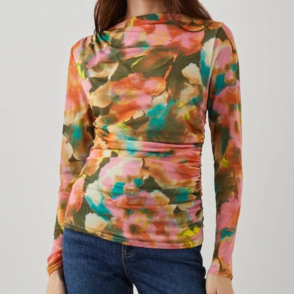 Rails Joelle Top Terra Flora Floral Pink Yellow Mesh High Neck Long Sleeve XS